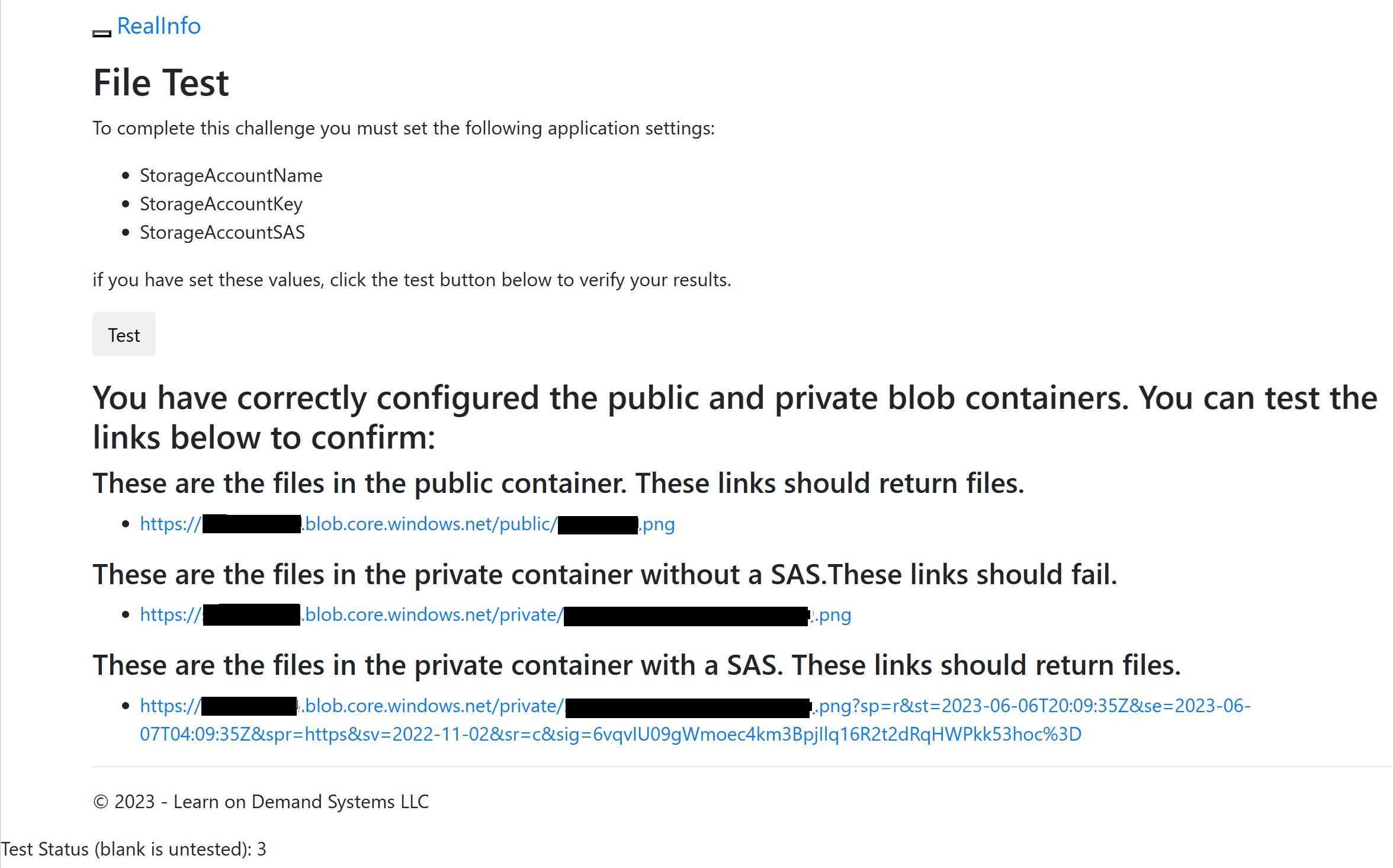 The File Test page after test